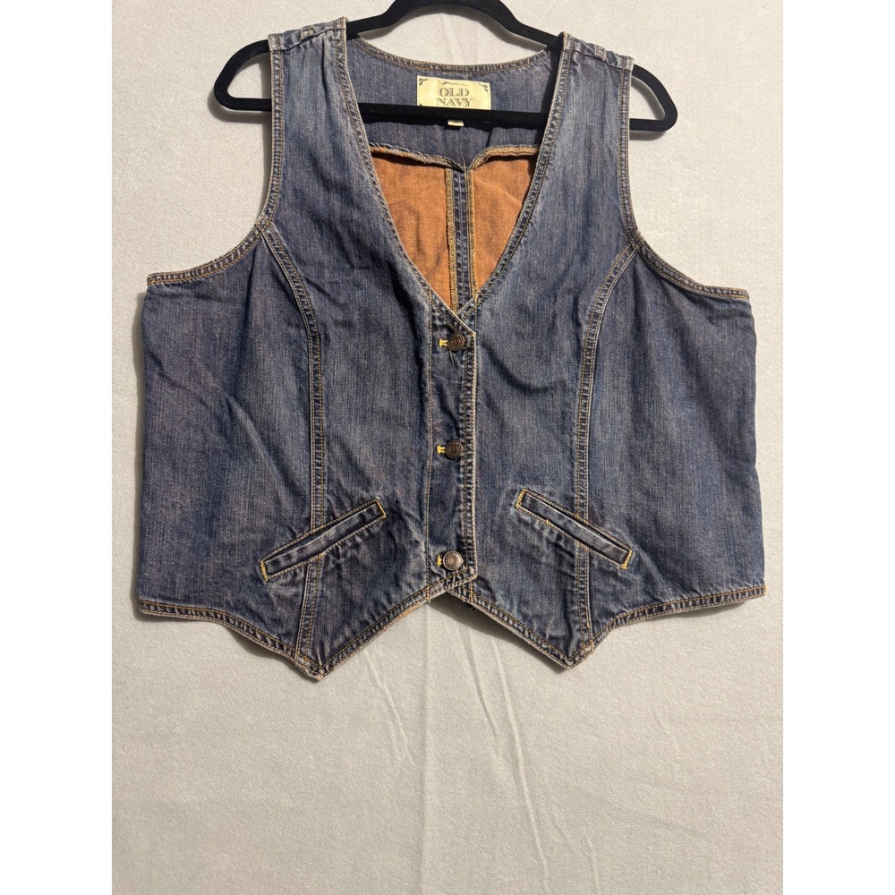 Old Navy Vintage 2006 Denim Vest XL Blue Dark Wash Cotton Cinch Back Western